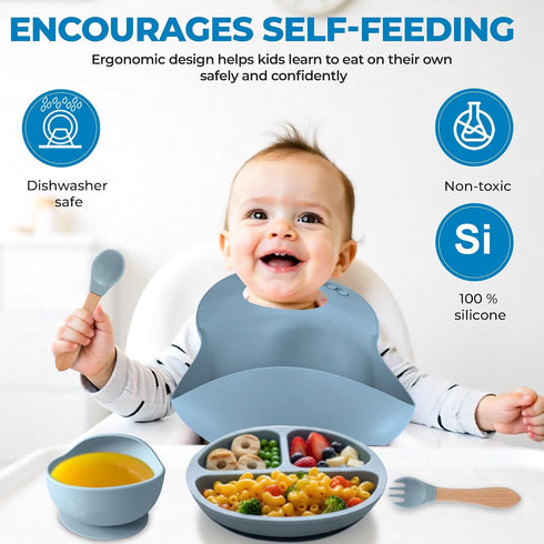 Generic 5-Piece Set 100% Silicone Baby Feeding Suction Bowl, Divided Plate, Adjustable Bib, Spoon & Fork Food-Grade