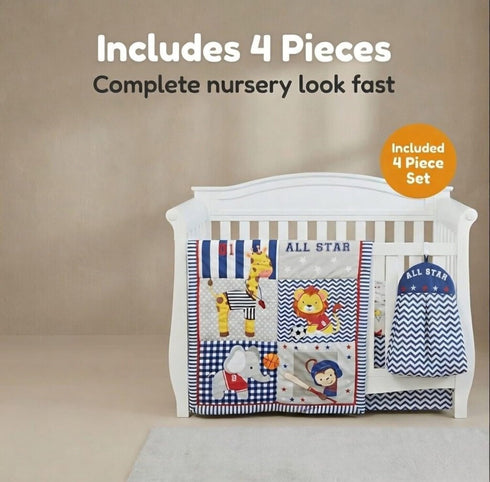 4 Set 100% Set Set EVERYDAY KIDS Piece Boys Crib Bedding - Jungle Sports - Soft Cotton Percale - Includes Quilt, Fitted