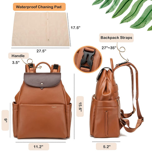 Backpack, 14 Leather Diaper Bag Pockets, Fashion Diaper Bag Leather with Changing Pad, Stroller Straps, Travel