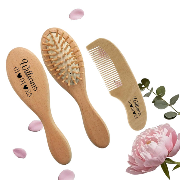 DFDG Personalized Baby Hair Brush Set Custom Wooden Toddler Brush with Laser Engraved