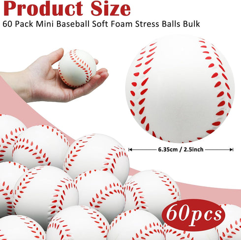 60 Pcs Baseball Stress Ball, 2.5 Inch Mini Squeeze Foam Baseball for Kids, Relaxable Sports Ball for Parties