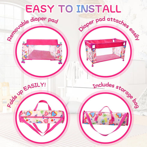 BABESIDE Baby Doll Crib, Foldable Baby Doll Bed for 17-21 Dolls, Doll Pack n Play Kids Gift with Storage Bag (Pink)