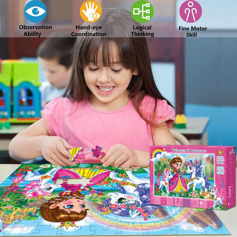 100 Piece Jigsaw Puzzle for Kids Ages 4-8 Year Old - Educational Princess & Unicorns Toddler Learning Toys