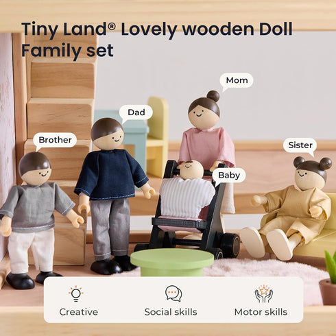 Set, 5-Piece 3+ Tiny Land Wooden Dollhouse People Poseable Wooden Doll Family with Dad, Mom, Brother, Sister, Baby
