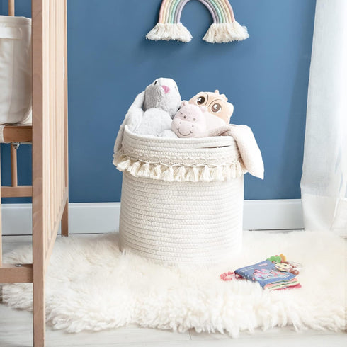 Closet 15"x14" Mkono Macrame Decorative Cotton Rope Basket Boho Nursery Decor Cute Woven Tassel Storage Bins Organizer