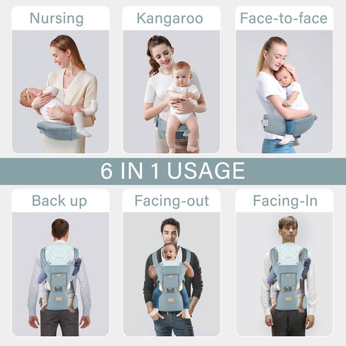 SNOOZYNEST 6-in-1 7-33 Baby Carrier Newborn to Toddler with Hip Seat, Soft Ergonomic All Positions Infant Carrier Ib