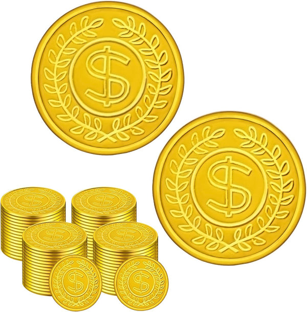 100 Count Plastic Gold Coins Set, Pirate Treasure Gold Play Coins for Kids Party Theme Props Decorations