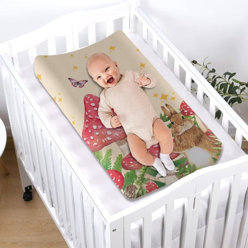 Mushroom Rabbit Easter Changing Pad Cover, Waterproof Decor, Cozy Breathable Lightweight Sheet for Infant/Toddler