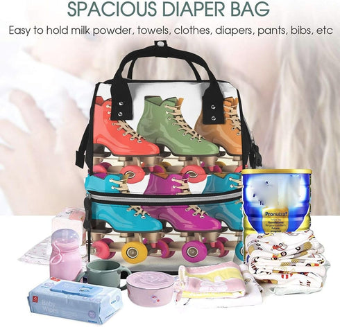 FHEDVBN Backpack Mummy Backpacks Daypack Retro Colorful Roller Skates Diaper Bag for Women Multifunction Waterproof