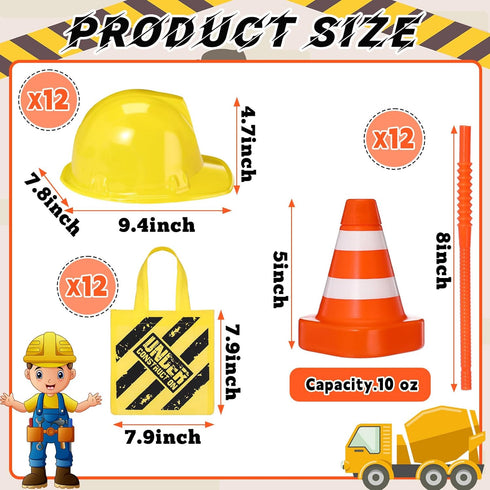 Hillban 36 Set 12 12 12 Pcs Construction Birthday Party Supplies Kids Construction Dress up Kit Including Hat, Tote Bag