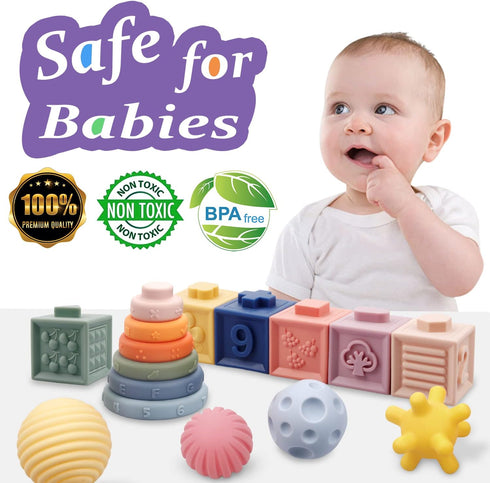 Montessori Toys for Babies, Soft Stacking Building Blocks, Rings, Balls Sets, 3 in 1 Baby Toys Bundle for 6-12 Months,