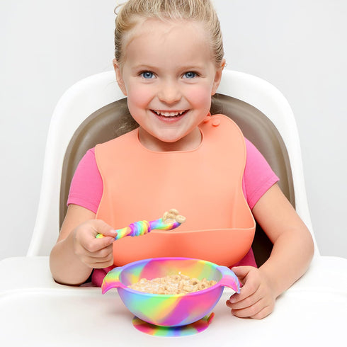 Unbreakable Silicone Non-Slip Bowl and Chew Spoon Set for Babies and Toddlers (Rainbow Swirl) by PrimaStella