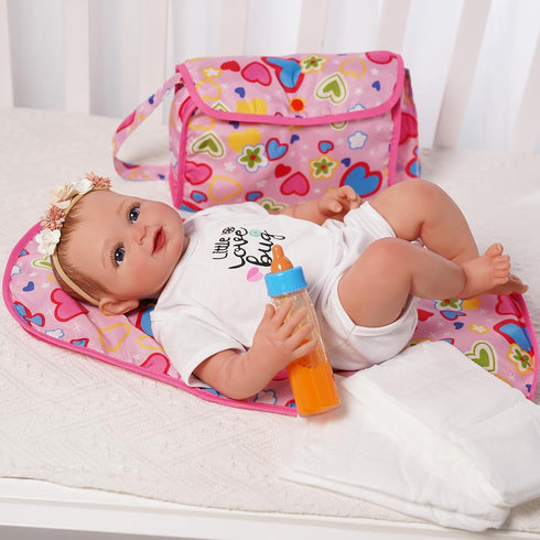 BABESIDE 5 Pcs Baby Doll Diaper Bag Set, Includes Magic Bottles, Changing Mat, Doll Diapers for 17-22 inches Dolls
