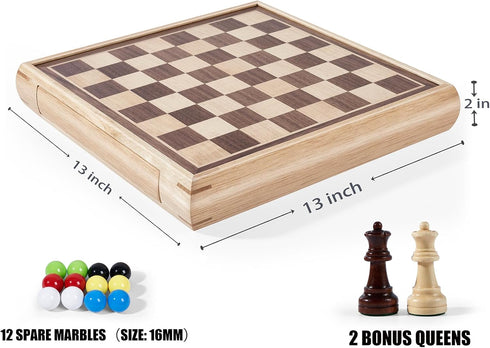VAMSLOVE 13" Chess Chinese Checkers 2 in 1 Wooden Board Game Set with Pieces Storage Drawer, Bonus Marbles for Birthday
