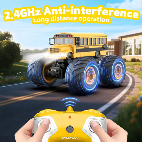 1/18 2.4GHz Remote Control School Bus Toy for Kids, RC Monster Truck Toy with LED Lights & Sound, Rechargeable Electric