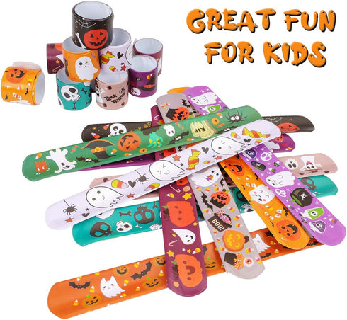 CCINEE 48pcs Halloween Slap Bracelets, Assorted Bulk Snap Wristbands for Kids Halloween Party Gifts