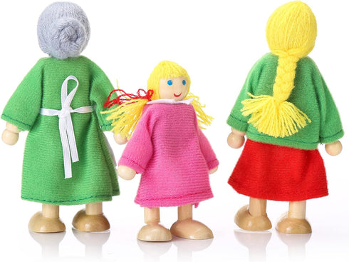 Wooden Dollhouse Family Set of 7, Mini Figures for Pretend Play, Classic Doll House Accessories for Kids & Toddlers