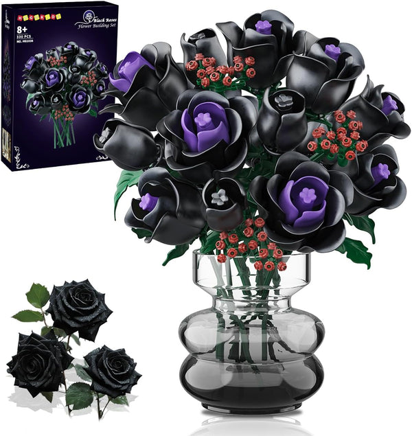 HOGOKIDS Flowers Bouquet Building Set - 15 Black Roses Botanical Collection Building