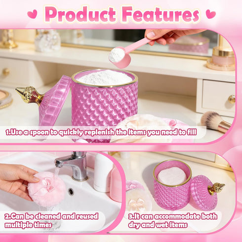 MMRYLEPTY 5 Set, 21oz Pcs Body Powder Puff Pink Glass Powder Container with Lid, Soft Powder Puffs & Spoons, Washable