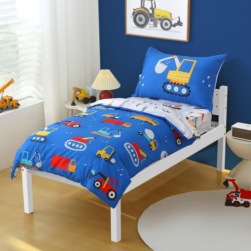 Set 4 Set Blue Cartoon Car Construction Toddler Bedding for Boys, Piece Reversible Truck Lightweight Toddler Comforter