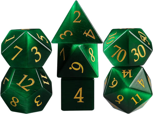 Cat's Eye Gemstone Dice Set - 7 Pcs Green Dice Set with Box for Dungeon and Dragon Dice Games.