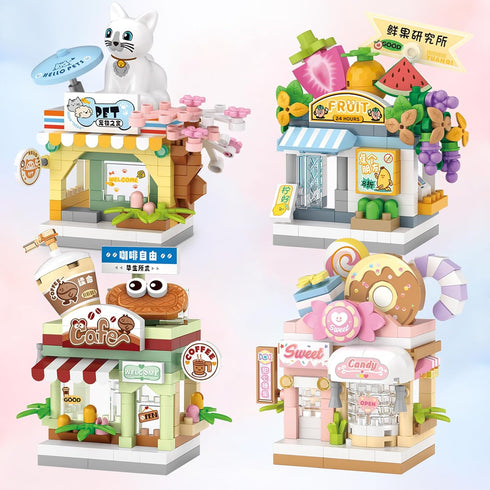 MEIEST 4 PCS Mini City Shop Street View Building Blocks Set,Simulation Architecture Collection