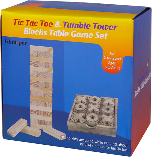 Glintoper Tic Tac Toe & Tumble Tower Blocks Game Set - Classic Wood Stacking & XOXO Strategy Game for Kids