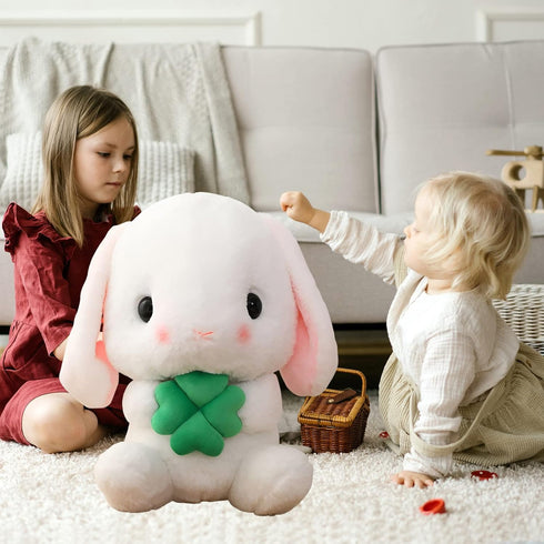Soft Toy - Sitting Lop Eared Rabbit, Easter White Rabbit Stuffed Bunny with Carrot, Realistic Long-Eared Pink Plush