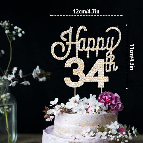 LINGTEER Happy 34th Birthday Gold Rhinestone Cake Topper - Cheers to 34 Years Old Anniversary Party Decorations