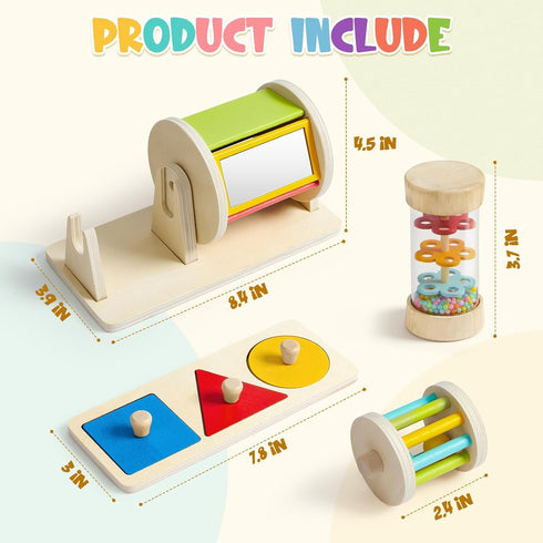 6-12 6-12 1 Toyssa Wooden Montessori Toys for Babies months with Rainbow Color and Mirror Spinning Drum/Baby Shape