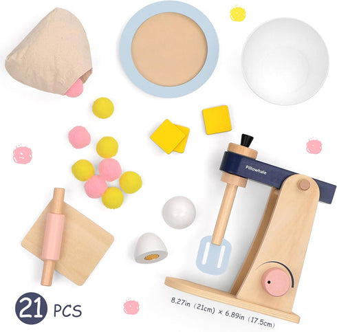3+ 21pcs Set Pillowhale Wooden Kitchen Toys Mixer for Toddlers Age - Montessori Pretend Play Baking with Bowl & Rolling