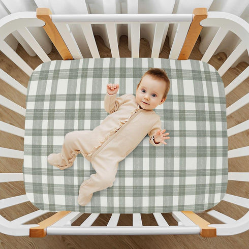 Vdsrup 39 27 5In Crib Sheets for Boys Girl Green Plaid Neutral Mini Crib Mattress Sheets Fitted, Watercolor Toddler