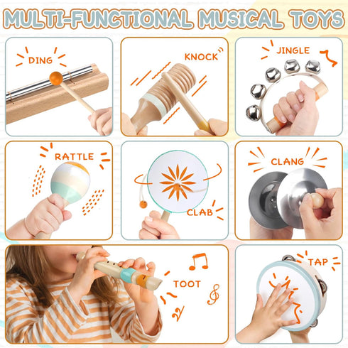 Baby Musical Instruments Set - Montessori Wooden Percussion Toys for Toddlers 1-3, Modern Boho Music Toys
