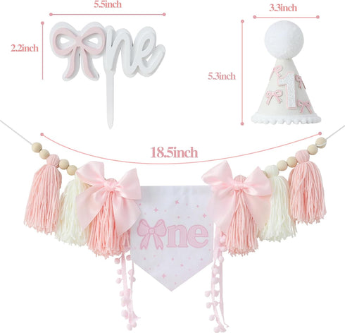 1st Pink Bow Birthday Highchair Banner Decorations Wood Bead Tassel Garland Cone Hat Wooden Cake Topper For Baby Girls