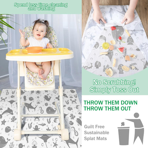 100 Pack 28"x47" Drydiet Disposable Floor Splat Mats for Under High Chair with Animals Print, Waterproof Plastic Floor
