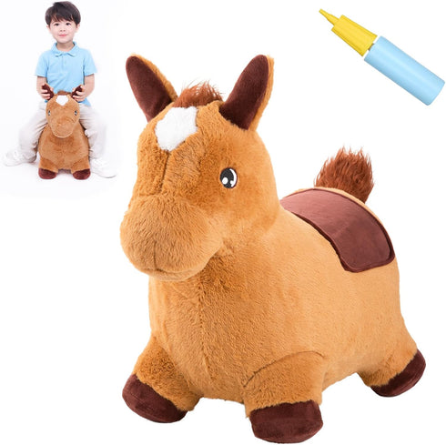 INPANY Bouncy Horse for Toddlers, Plush Brown Inflatable Ride-On Animal Toy with Pump