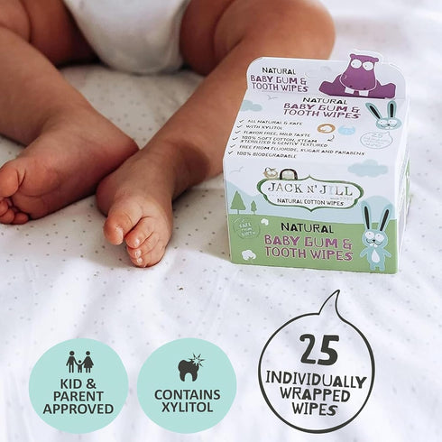 25 Count, Jack N' Jill Baby Gum & Tooth Wipes - Natural & Safe, Contains only Water & Xylitol, Soft Sterilized Cotton