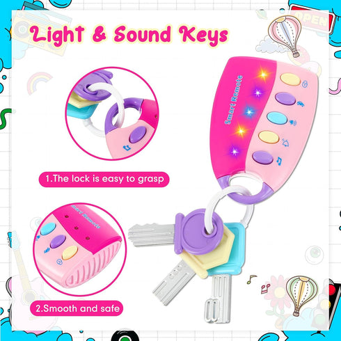 Skylety Musical Smart Remote Key Toy, Fun Fake Car Keys with Sound and Lights for Travel Play (Pink)