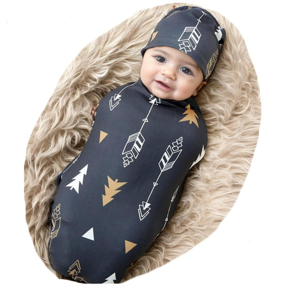 Galabloomer Newborn Swaddle Blanket with Beanie Set, Baby Boy Receiving Blanket Rainbow (Gold Arrow)