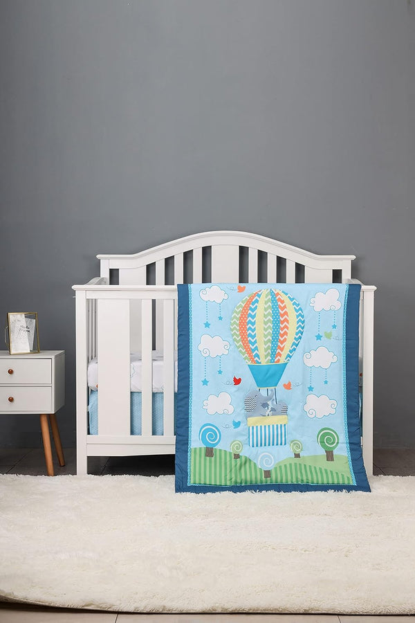 CribMATE 3 PCs Blue Elephant Hot-Air-Balloon Nursery Crib Bedding Set 1 Quilt +1