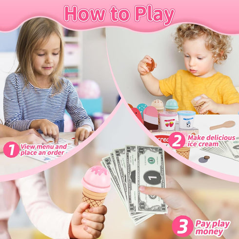 3-5, Sets 3 4 5 Wooden Ice Cream Toys for Toddlers Kids Wooden Toys Play Kitchen Accessories, Play Food for Kids