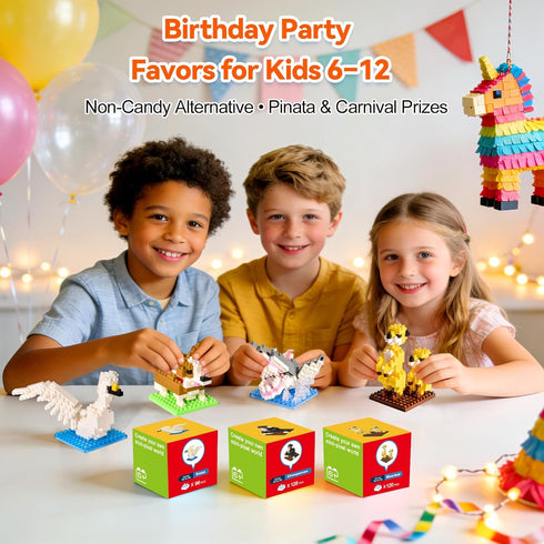 6-12, 12 Pack FUN LITTLE TOYS Party Favors for Kids Mini Animal Building Blocks, Individually Boxed, No Duplicates
