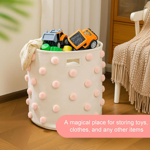 Sunnymove 17.5" 20.8" Pink D x H Pom Pom Basket Bin Large Cotton Canvas Laundry Hamper Baby Girl Laundry Basket
