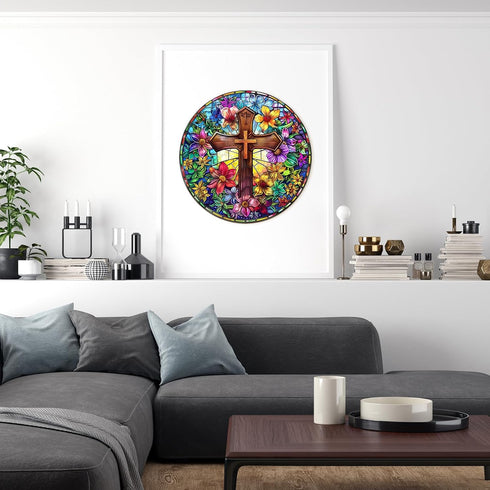 Decor(L-13.4 13.4in 300pcs) Wooden Puzzles for Adults, Stained Glass Cross Wood Puzzles Adult, Unique Animal Shaped