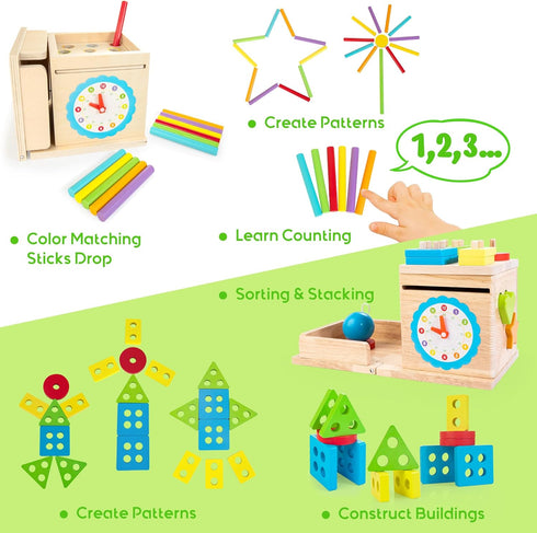 Montessori Toys 8-in-1 Wooden Play Kit for 1+ Year Old, Learning Activity Cube, Sorting & Stacking Toy, Gift for Boys