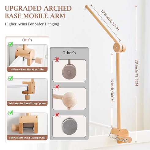 Adjustable360 let's make Baby Crib Mobile Arm - Wooden Mobile Arm with Height Rotatable Upgraded Arched Base Nursery