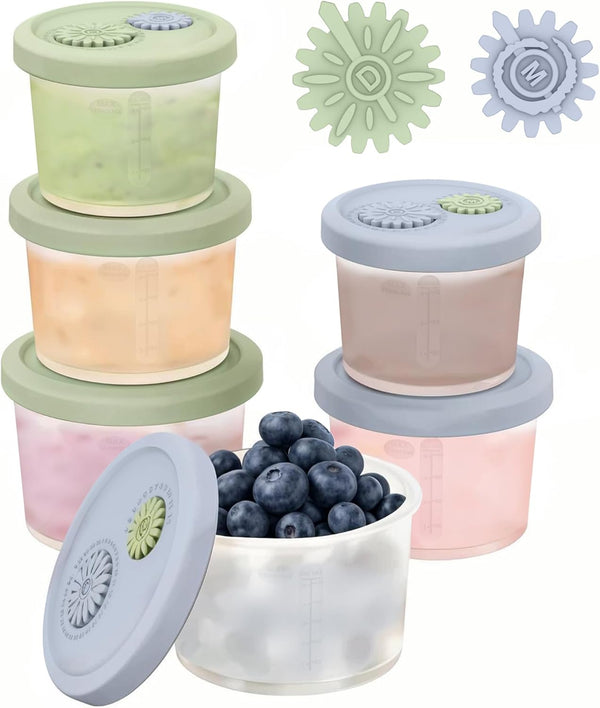 Silicone Baby Food Containers with Date-Tracking Lids, 6-Pack Reusable Snack Containers Food