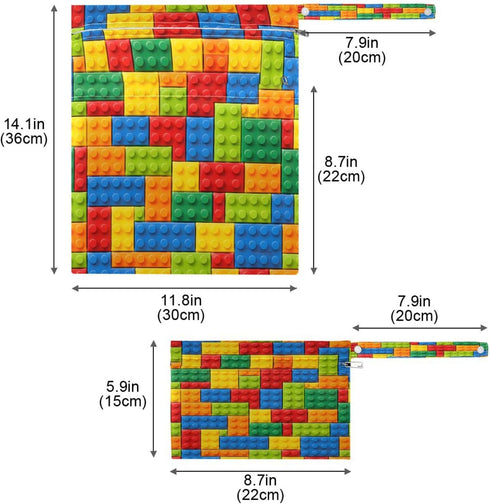 Haskirky 2 Building Blocks Colorful Pcs Cloth Diaper Wet Dry Bags,Waterproof and Washable Bag for Travel Reusable Wet