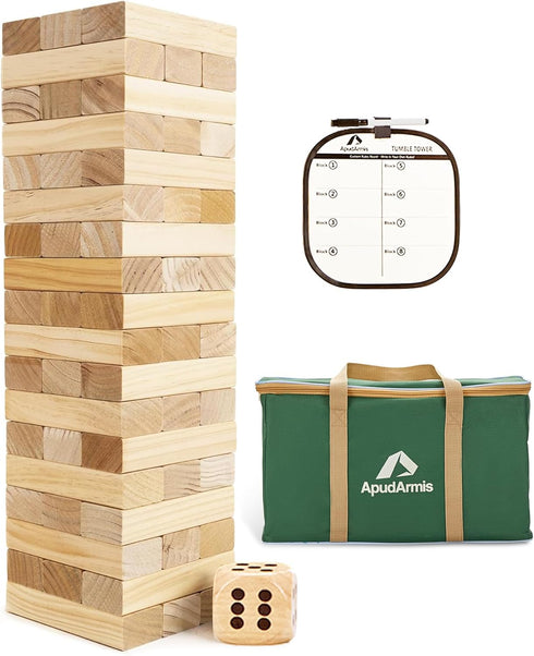 ApudArmis Giant Tumble Tower, 54 PCS Pine Wooden Stacking Timber Game with 1 Dice Set