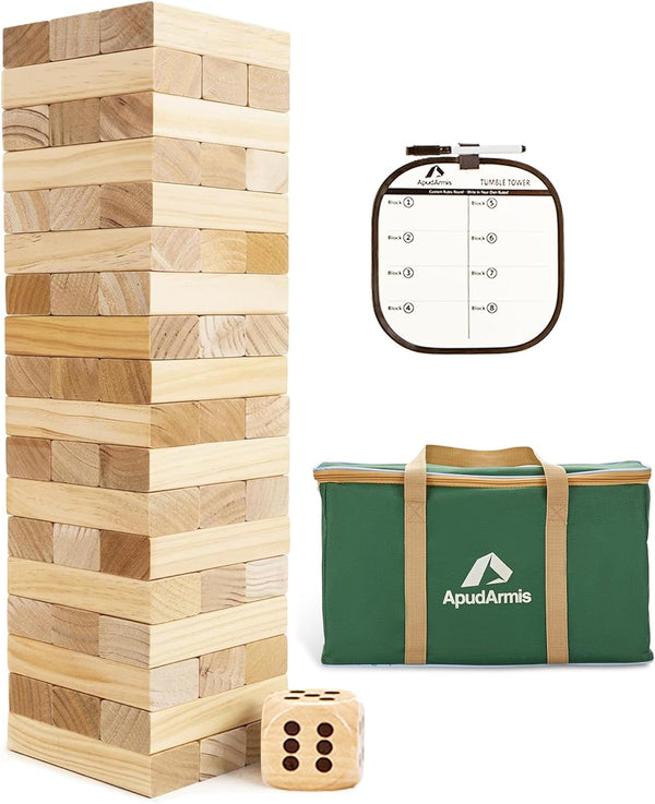 ApudArmis Giant Tumble Tower, 54 PCS Pine Wooden Stacking Timber Game with 1 Dice Set